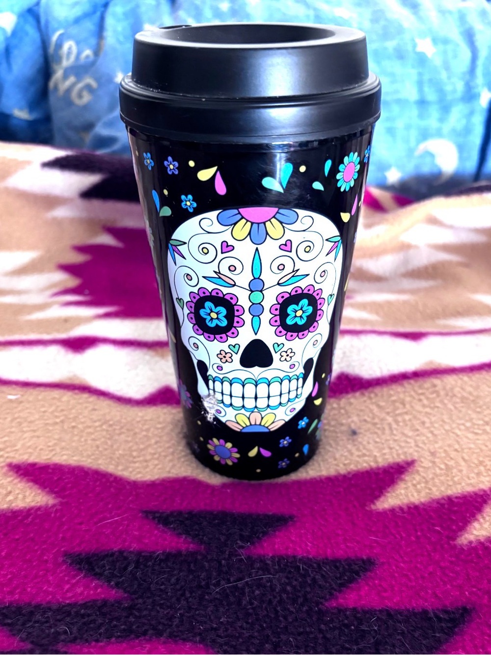 Black Sugar Skull Travel Tumbler with Colorful Floral Design